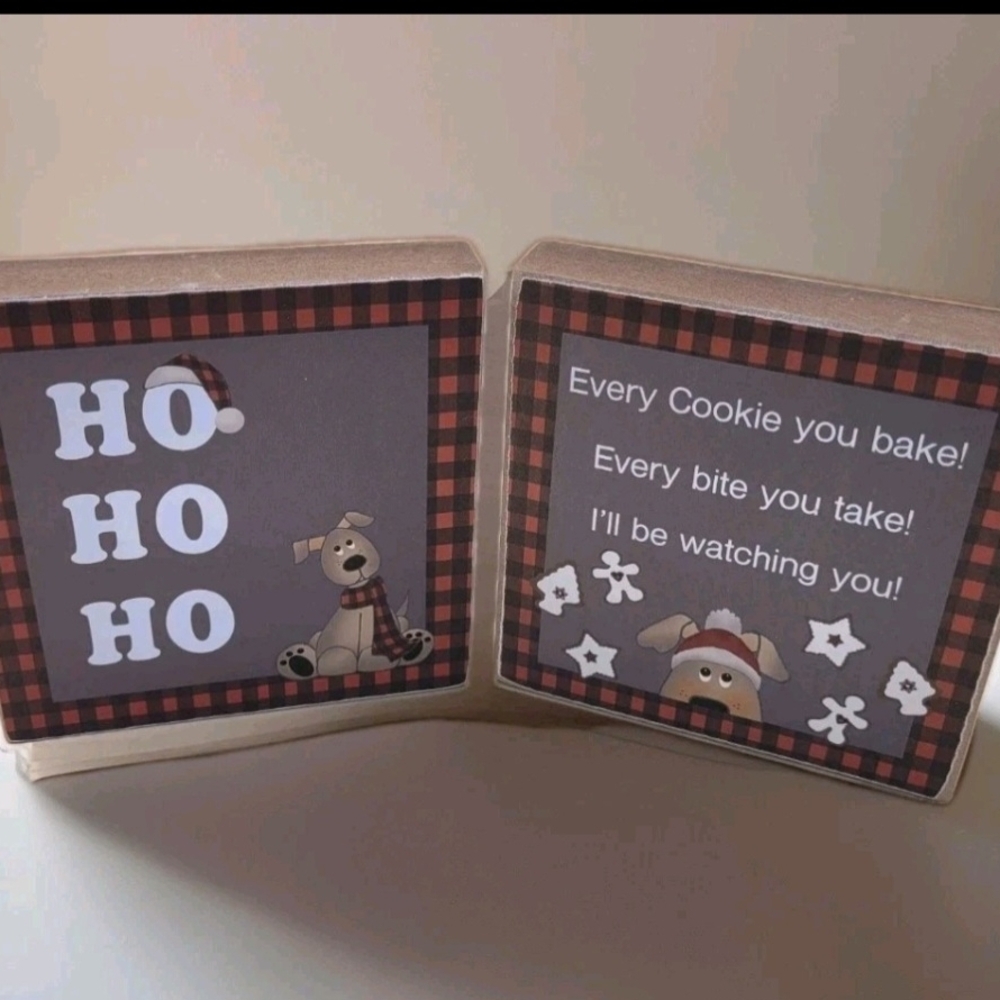 Set Of 2 Dog Christmas Holiday Block Signs 4x4 "Every Bite You Take" "Ho Ho‎ Ho"
